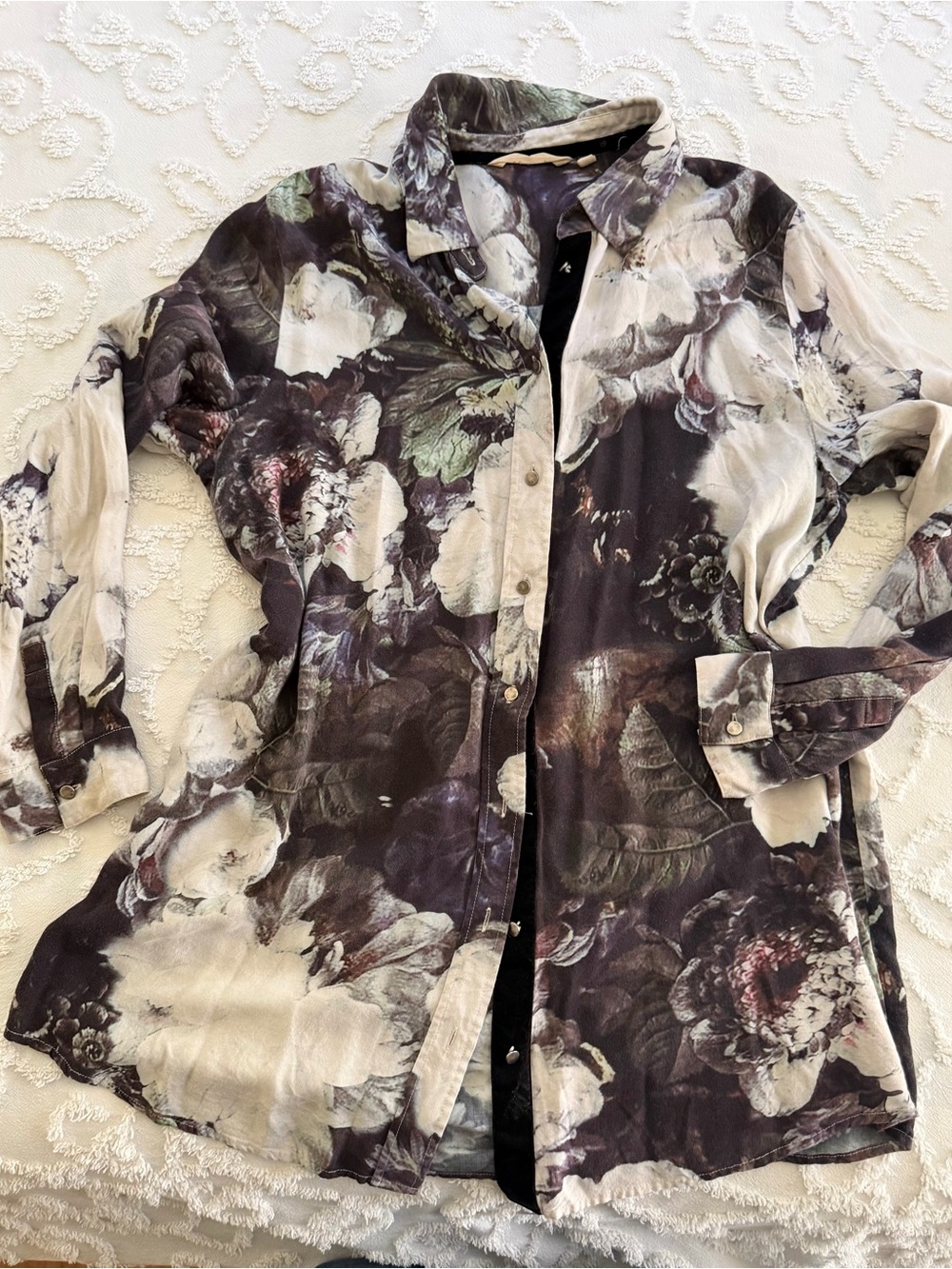 Soft Surroundings Floral Button-Front Blouse - Black & Cream & Green
